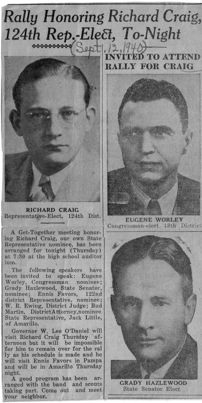 Rally to honor Richard Craig, newspaper clipping, 1940