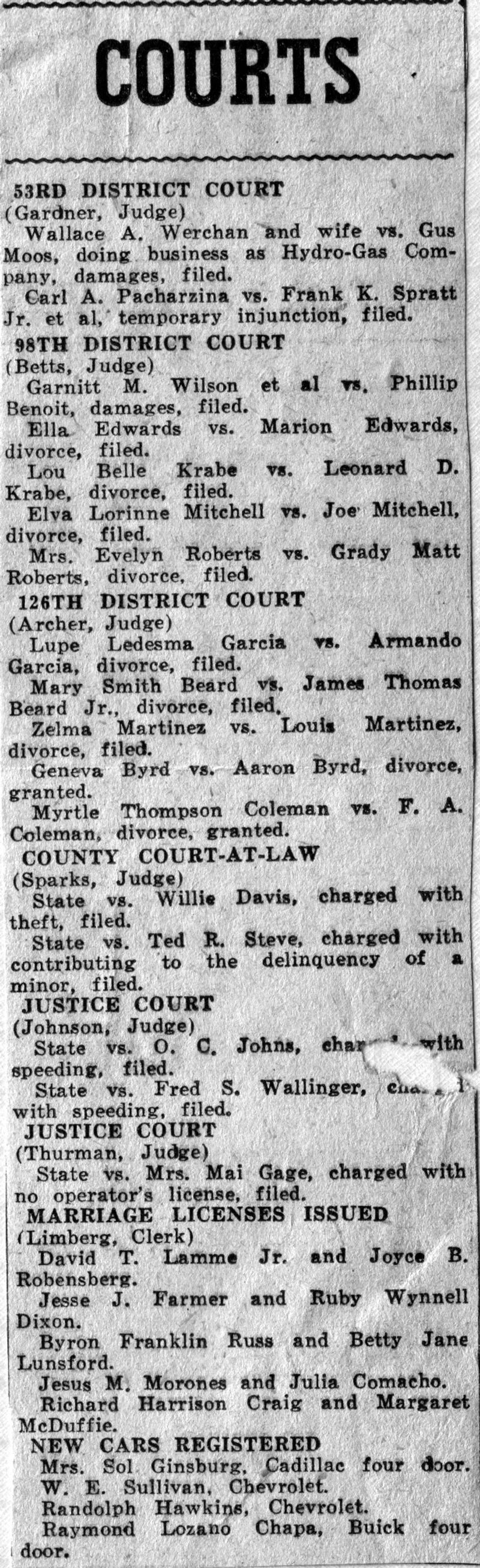 Newspaper announcement of Craig marriage license, June 1947