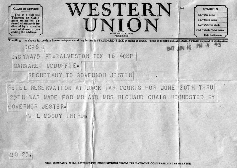 Telegram involving Margaret Craig and Richard Craig, June 16, 1947
