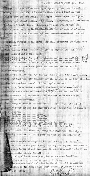 Blytheville council minutes, 1912 — Mayor Elect J.J. Ledbetter