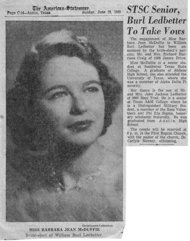 Engagement announcement for William Burl Ledbetter and Barbara Jean McDuffie, 1955