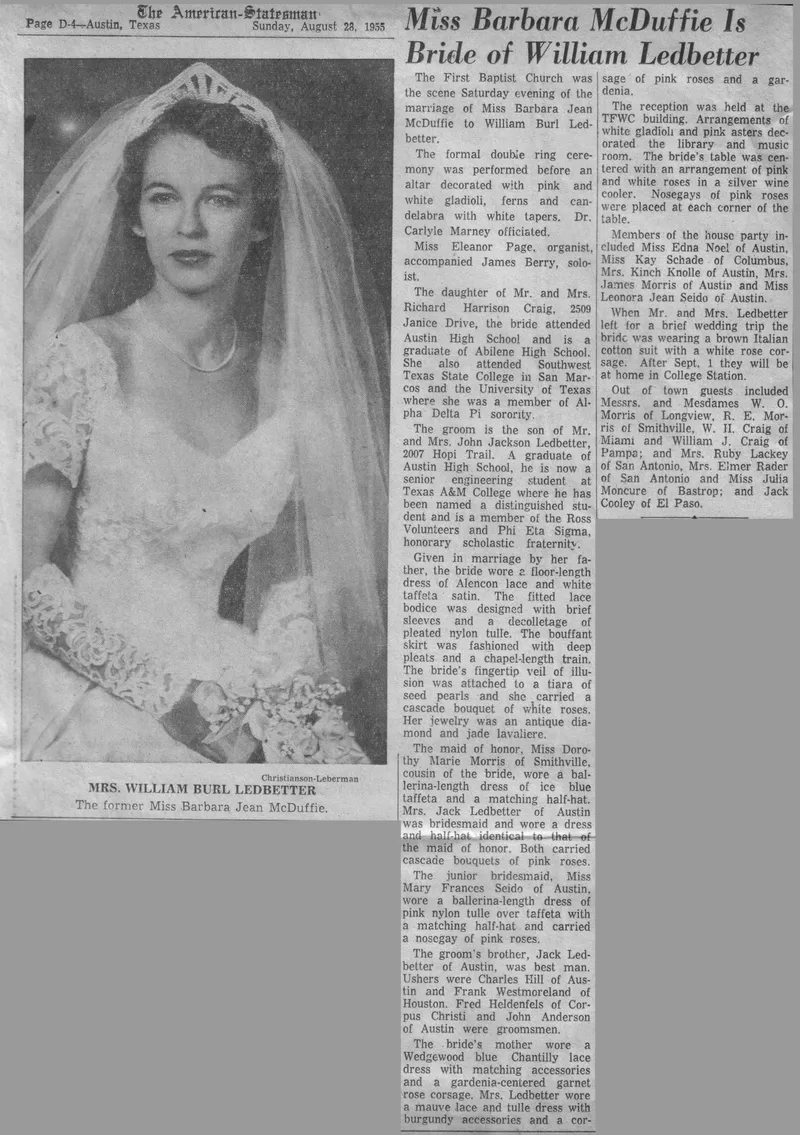 Wedding announcement for Barbara Ledbetter, August 28, 1955