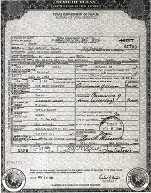 Death certificate of Leon Wallace Lackey, October 1946