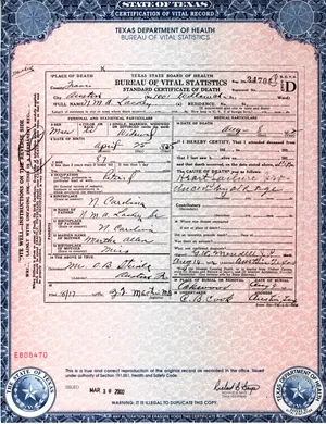 Death certificate of N.M.A. Lackey