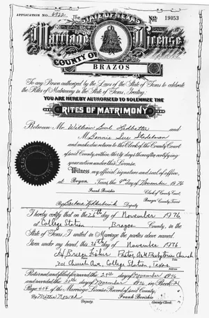 Marriage license, William Burl Ledbetter and Bonnie Sue Stadelman, 1976